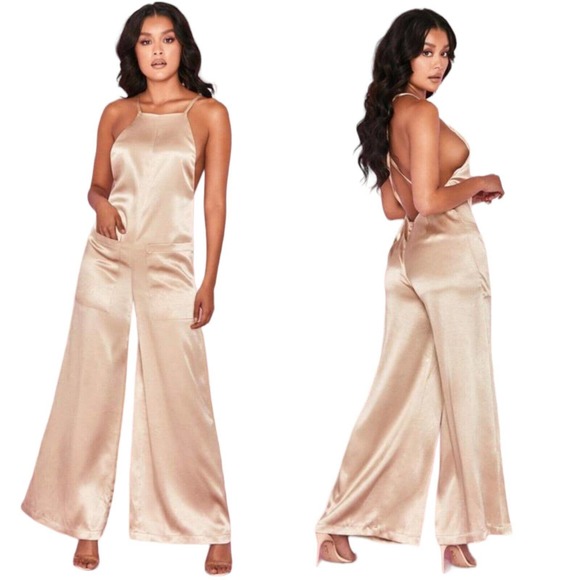 House of CB Pants - House of CB Womens Jumpsuit Ahmya Gold Satin Bib Criss Cross Back Wide Leg Sz S